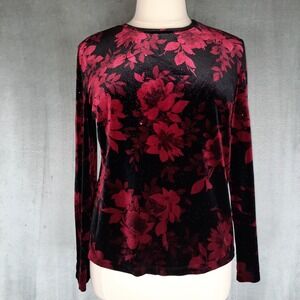VTG Floral Velvet Top Black Red Sparkly XL Dark Romantic Whimsigoth Fairy Grunge